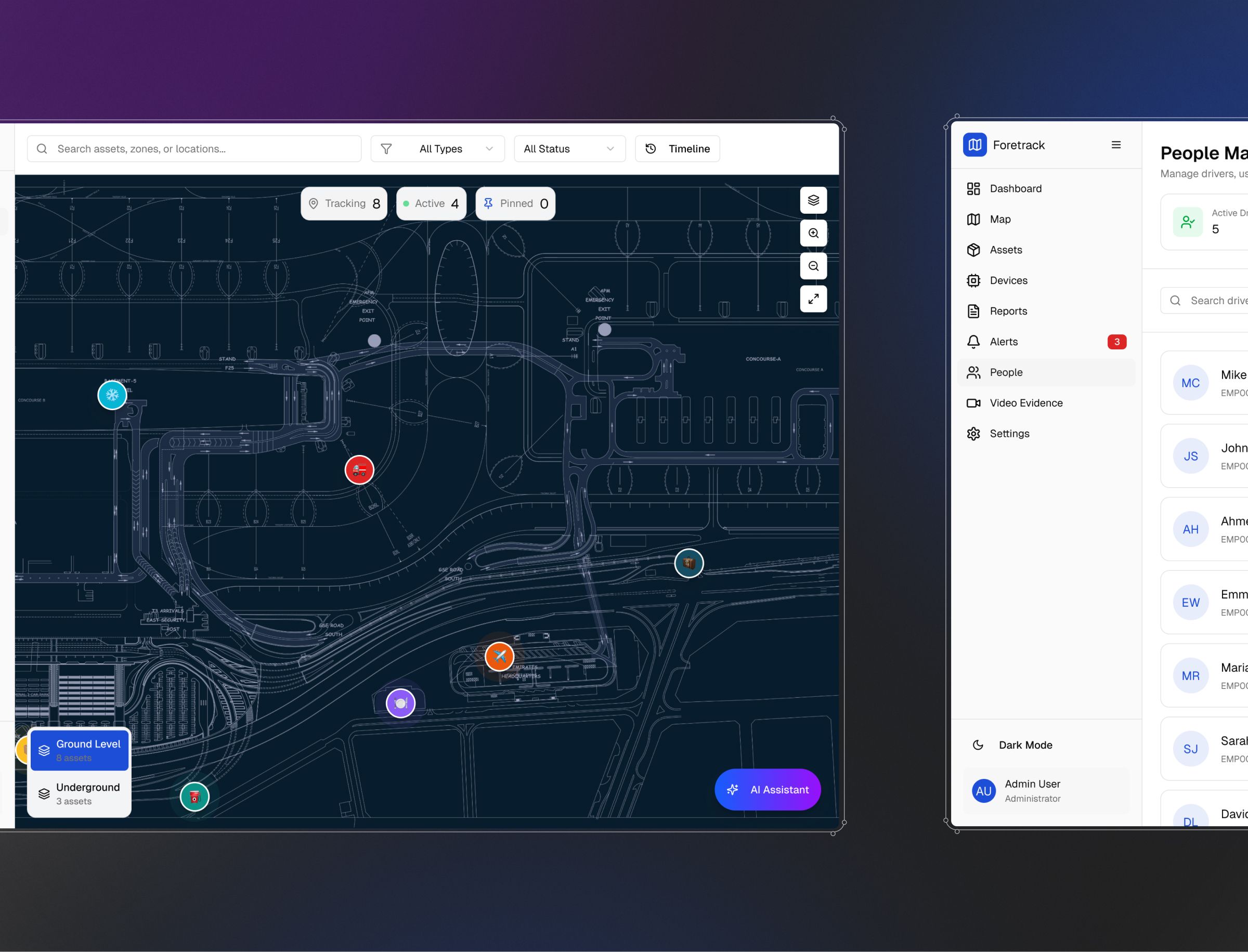 A dashboard interface displays an architectural floor plan with colored location markers, filter options, and a sidebar showing team members and navigation menu items.