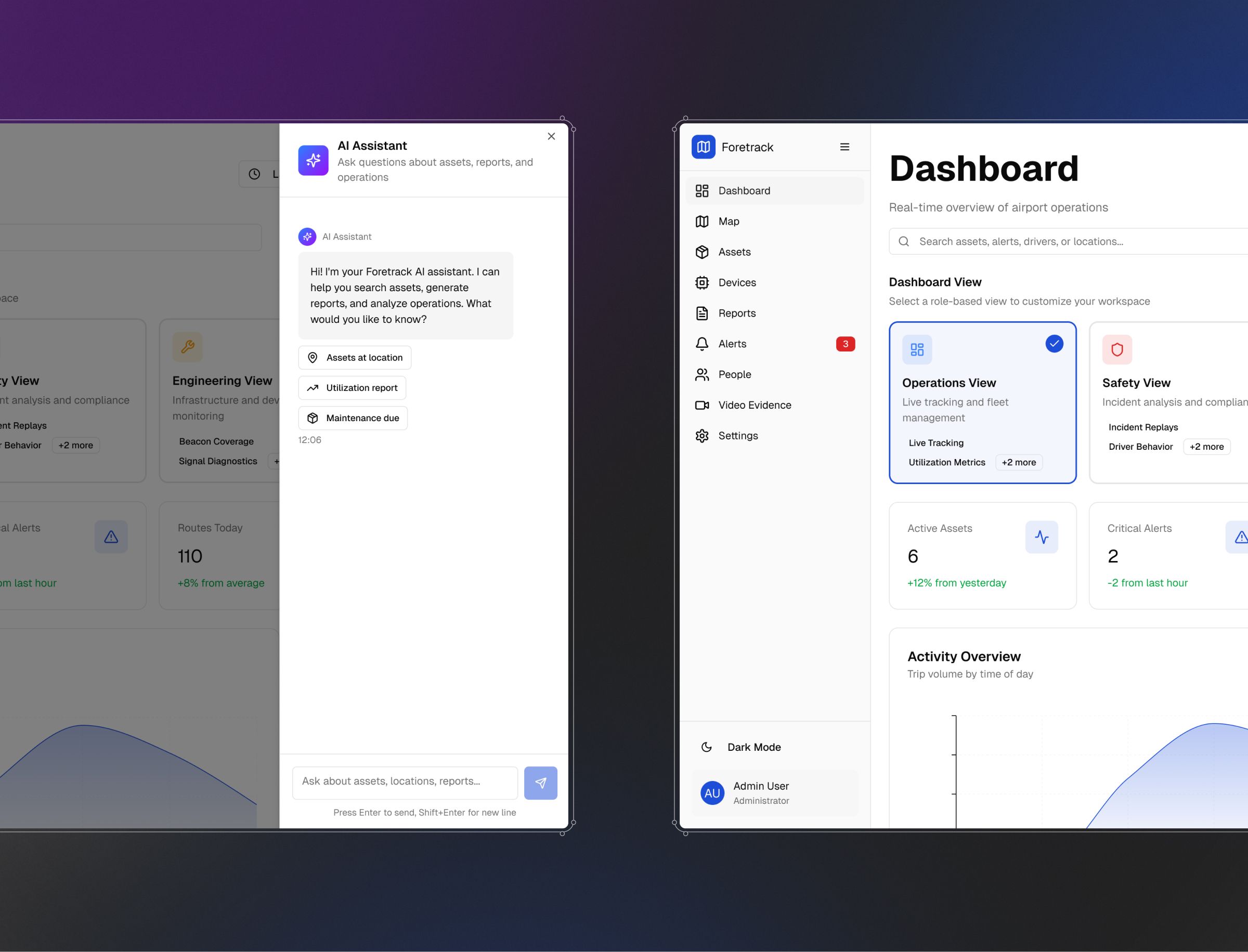 A dashboard interface displays asset management tools with an AI Assistant panel open on the left, a navigation menu in the center, and a real-time operations overview on the right showing metrics for active assets, critical alerts, and activity.