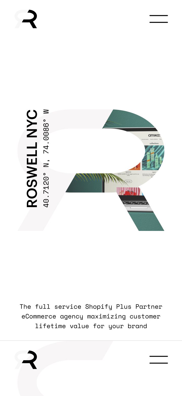 A large letter R contains collaged images of storefronts and architectural details, with text reading "ROSWELL NYC" and an address in New York.