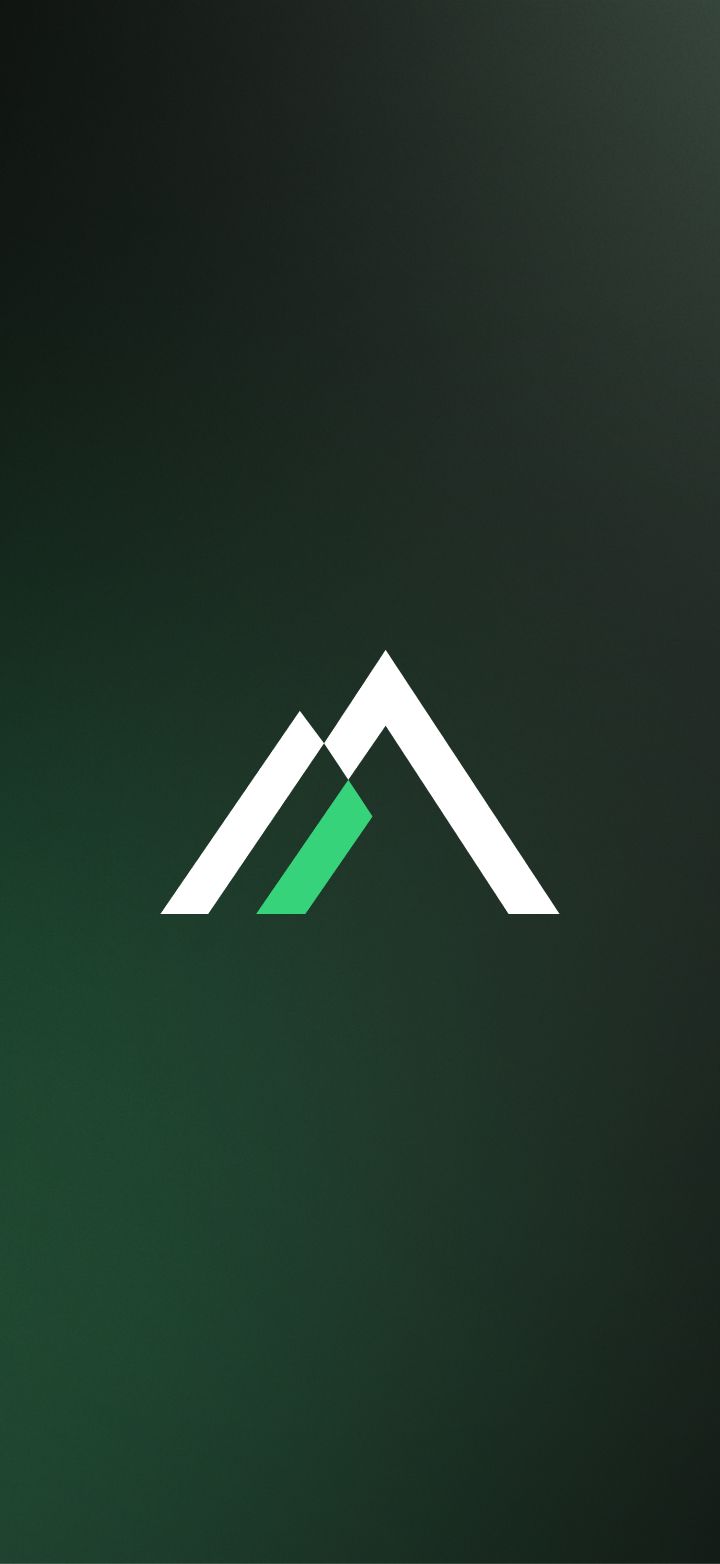A geometric logo featuring a white mountain peak with a green accent stripe down the center, set against a dark teal gradient background.