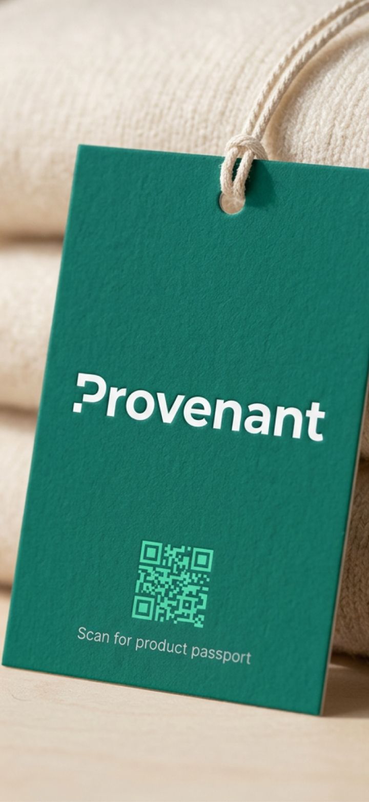 A green product tag with "Provenant" branding and a QR code for scanning a product passport hangs from a natural twine string.