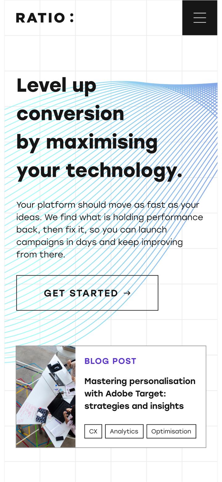 A webpage header for Ratio featuring a headline about conversion optimization, descriptive text, a "Get Started" button, and a blog post preview about Adobe Target personalization strategies.