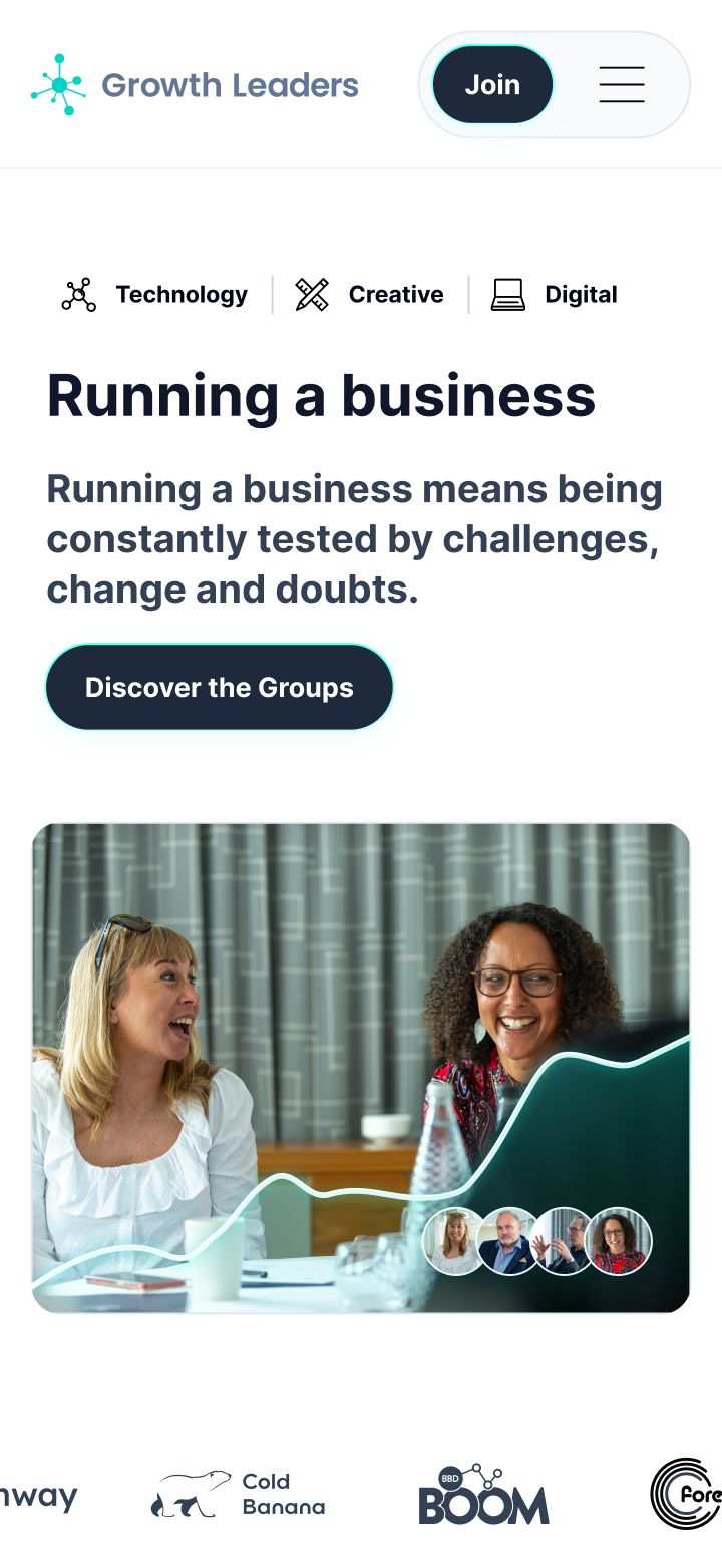 Growth Leaders website homepage displaying three category tabs for Technology, Creative, and Digital, with a headline about running a business and a call-to-action button to discover groups.