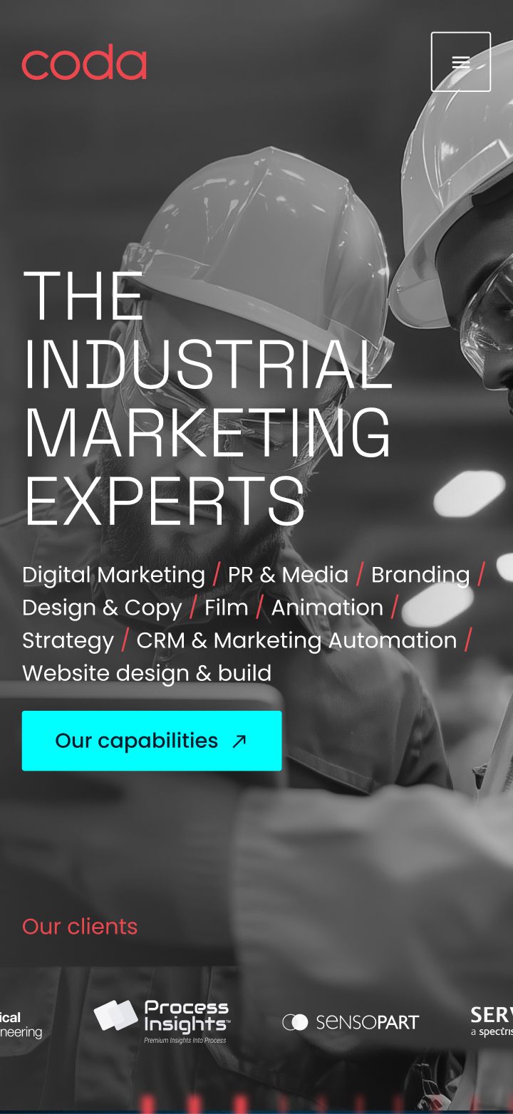 Coda's industrial marketing services webpage displays a hard hat and work gloves against a dark background, listing capabilities including digital marketing, PR, branding, design, film, strategy, and website design.