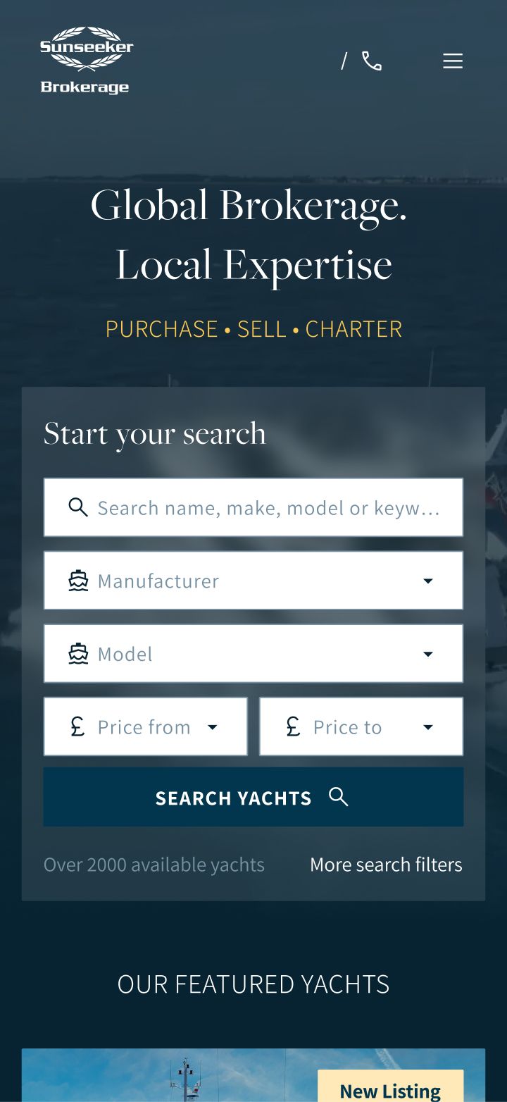 Sunseeker Brokerage website homepage displaying a yacht search interface with fields for name, manufacturer, model, and price range filters.