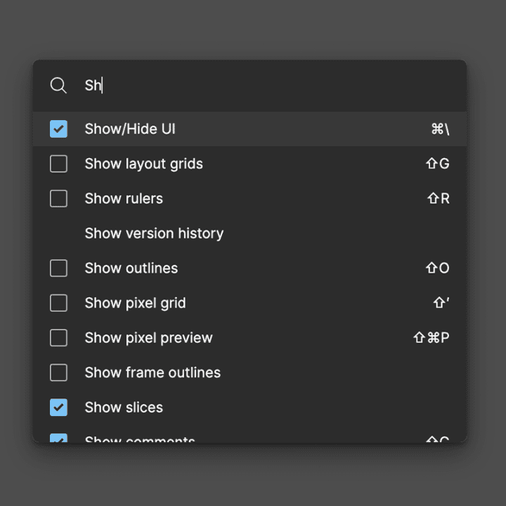 Figma shortcuts list ui.
